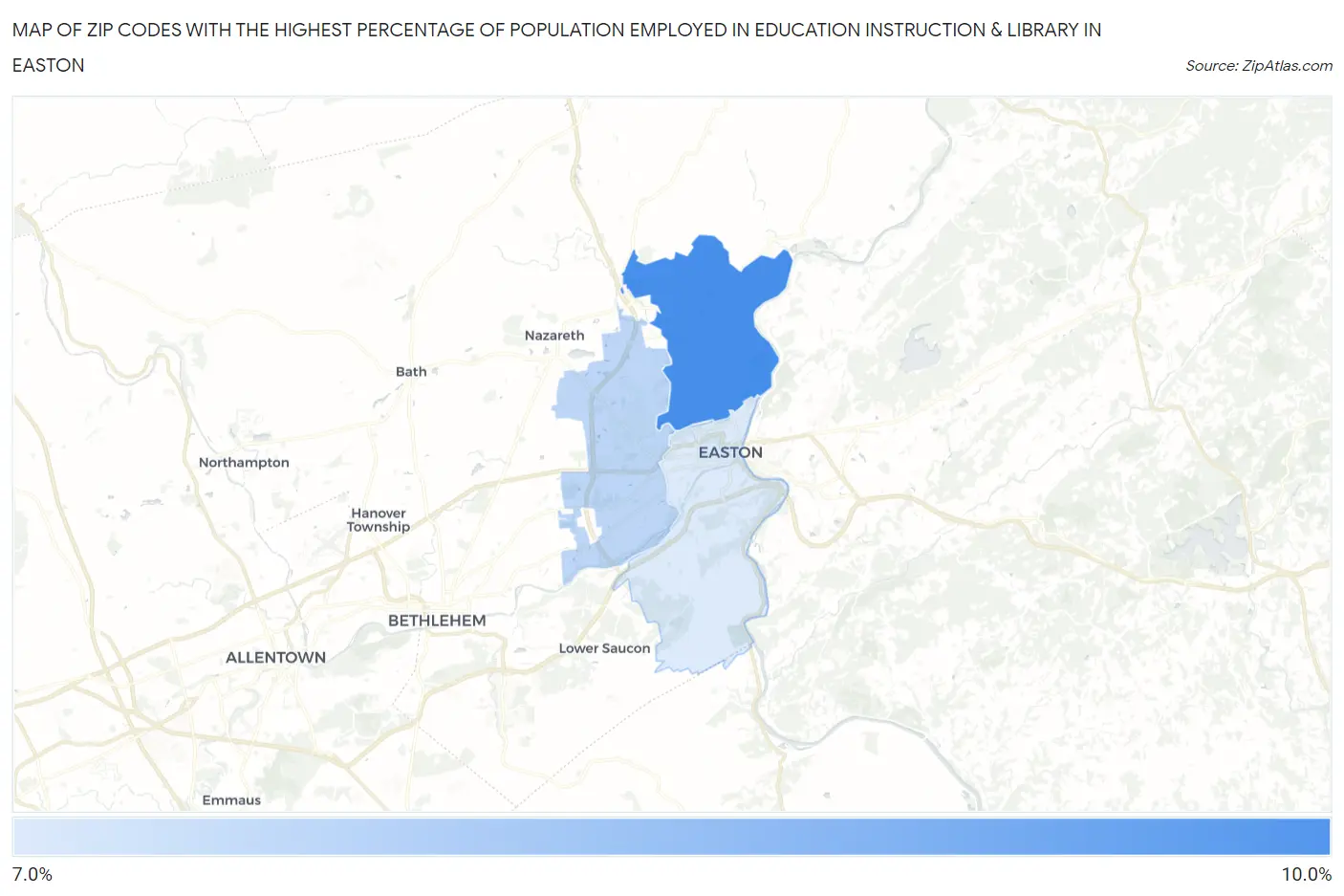 Zip Codes with the Highest Percentage of Population Employed in Education Instruction & Library in Easton Map