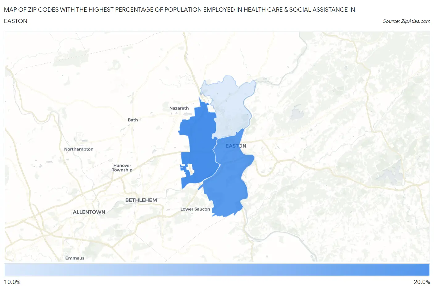 Zip Codes with the Highest Percentage of Population Employed in Health Care & Social Assistance in Easton Map