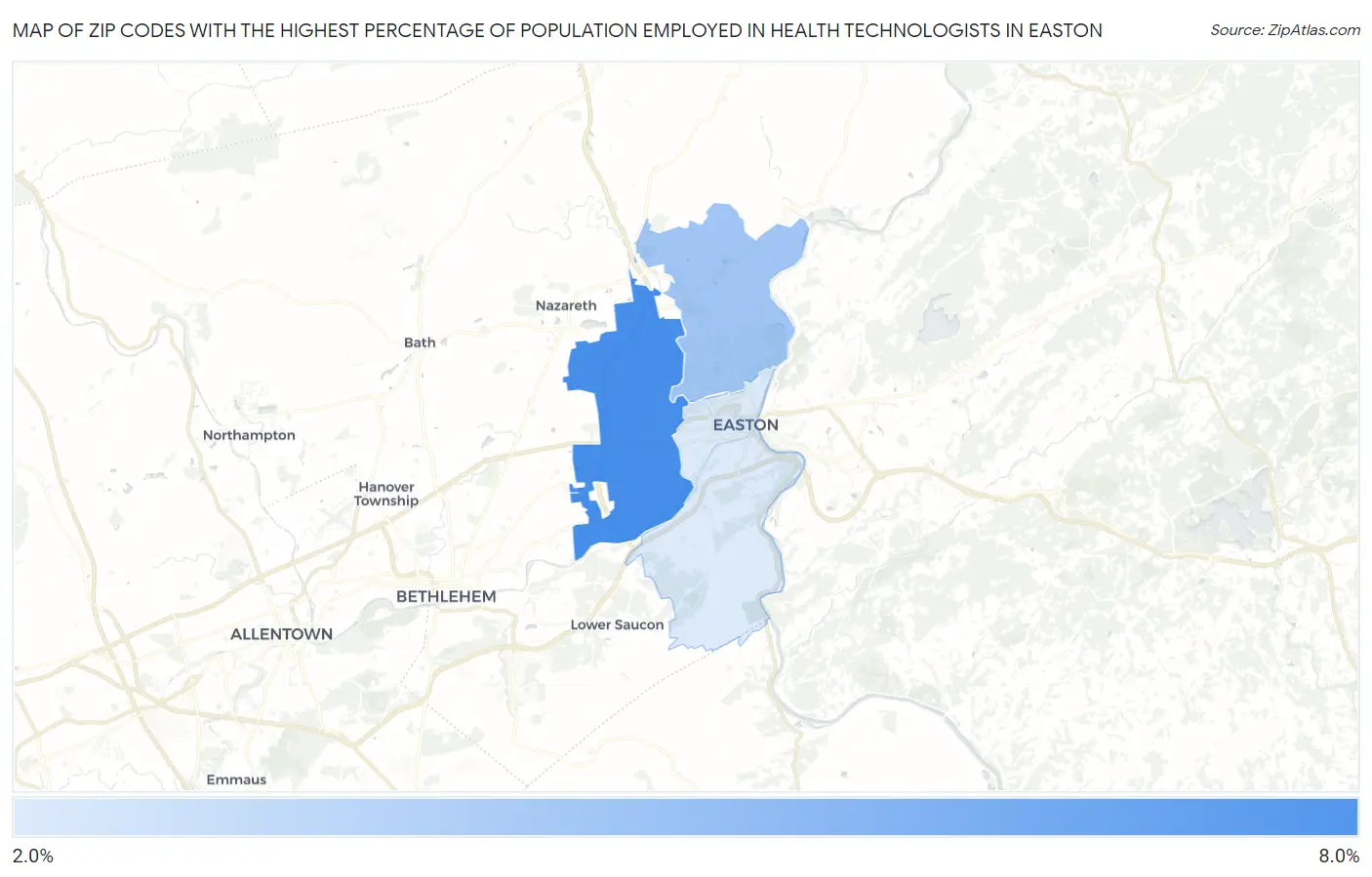 Zip Codes with the Highest Percentage of Population Employed in Health Technologists in Easton Map