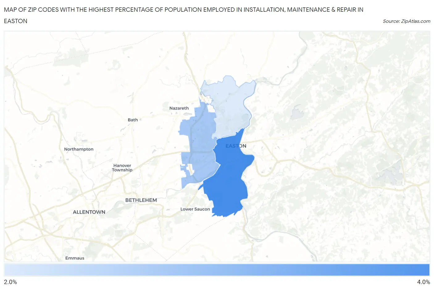 Zip Codes with the Highest Percentage of Population Employed in Installation, Maintenance & Repair in Easton Map