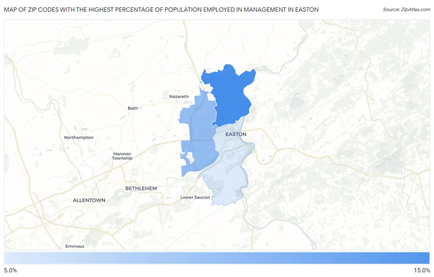 Zip Codes with the Highest Percentage of Population Employed in Management in Easton Map