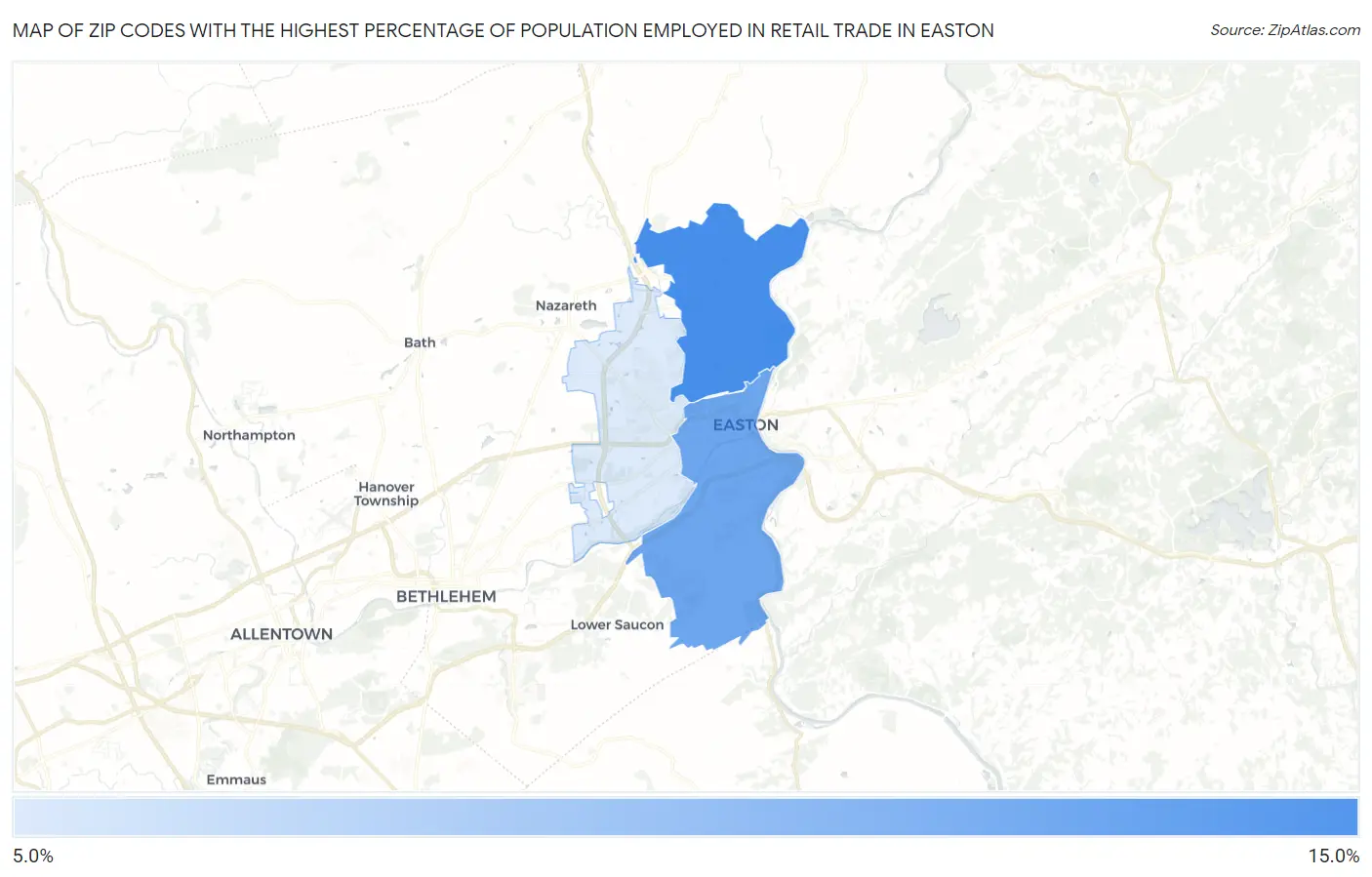 Zip Codes with the Highest Percentage of Population Employed in Retail Trade in Easton Map