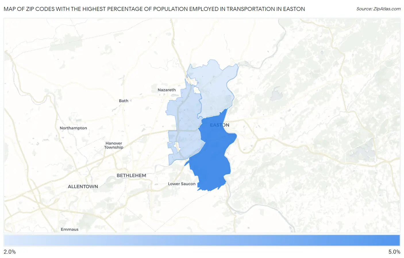 Zip Codes with the Highest Percentage of Population Employed in Transportation in Easton Map