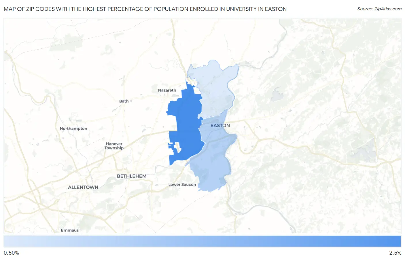 Zip Codes with the Highest Percentage of Population Enrolled in University in Easton Map