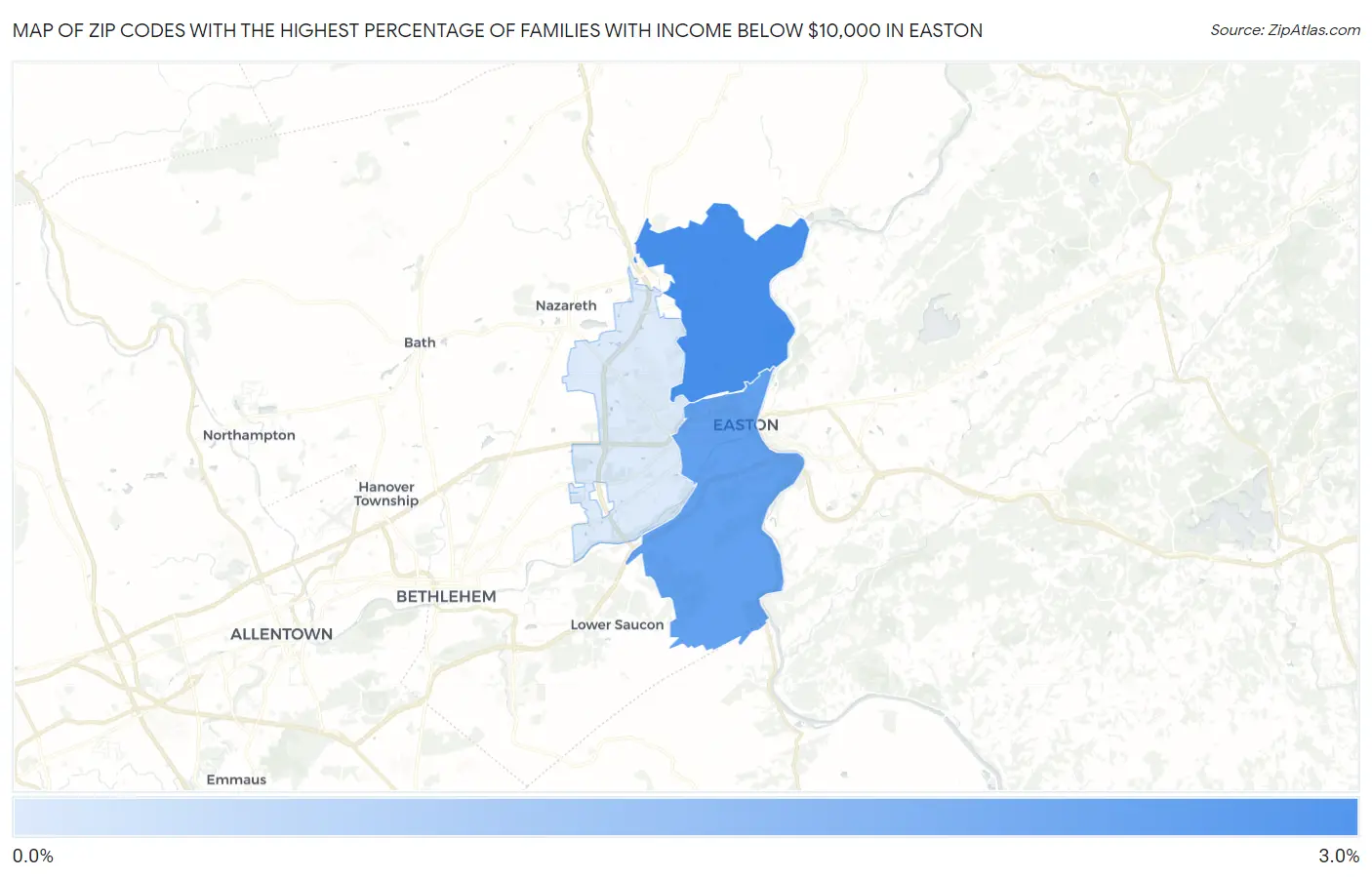 Zip Codes with the Highest Percentage of Families with Income Below $10,000 in Easton Map