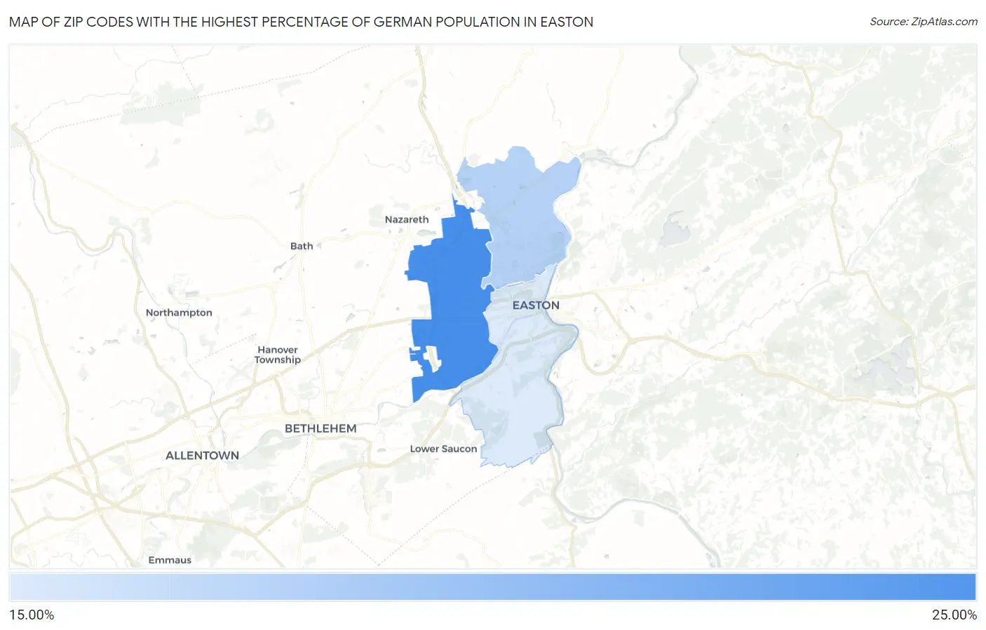 Zip Codes with the Highest Percentage of German Population in Easton Map