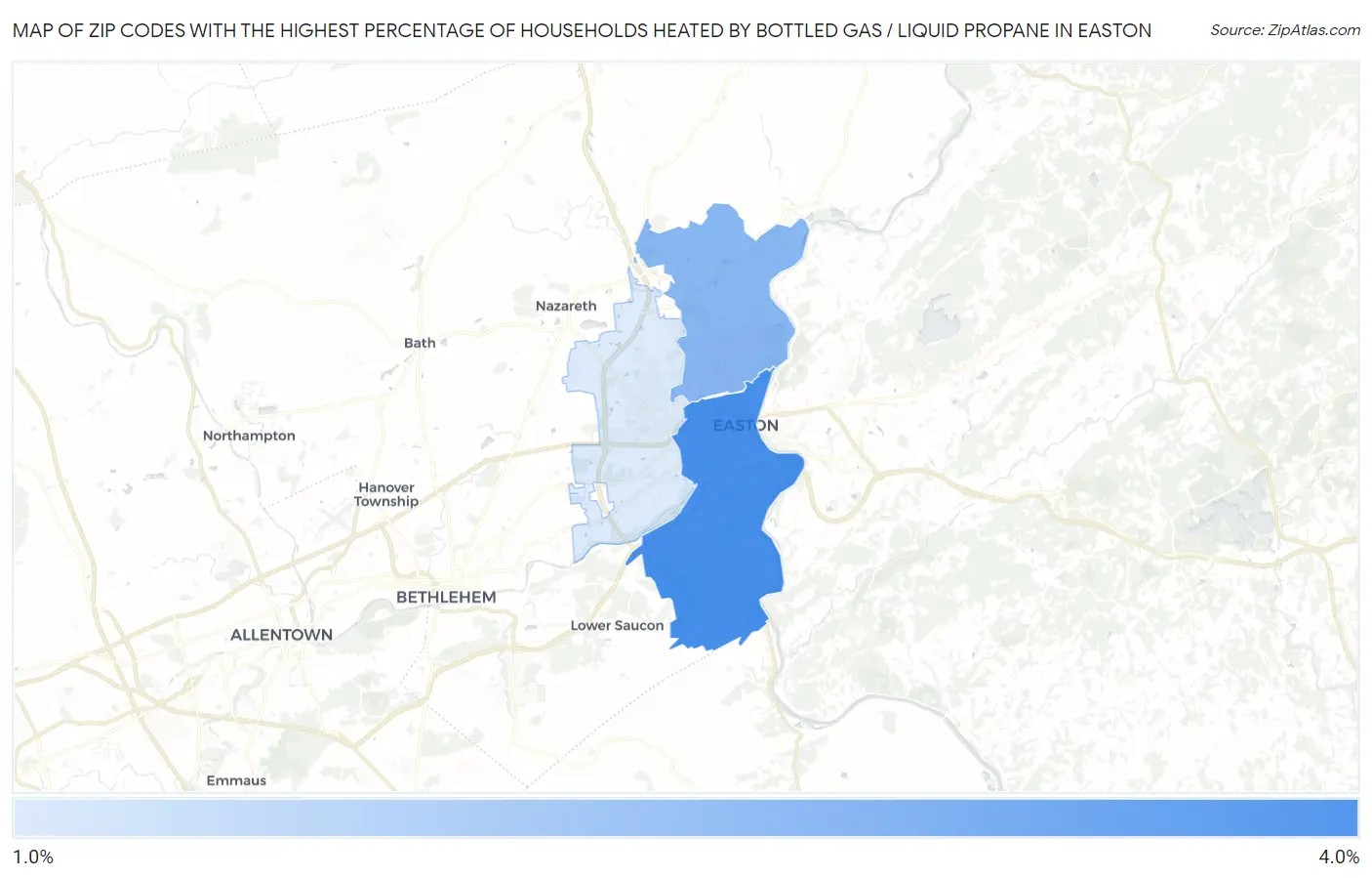 Zip Codes with the Highest Percentage of Households Heated by Bottled Gas / Liquid Propane in Easton Map