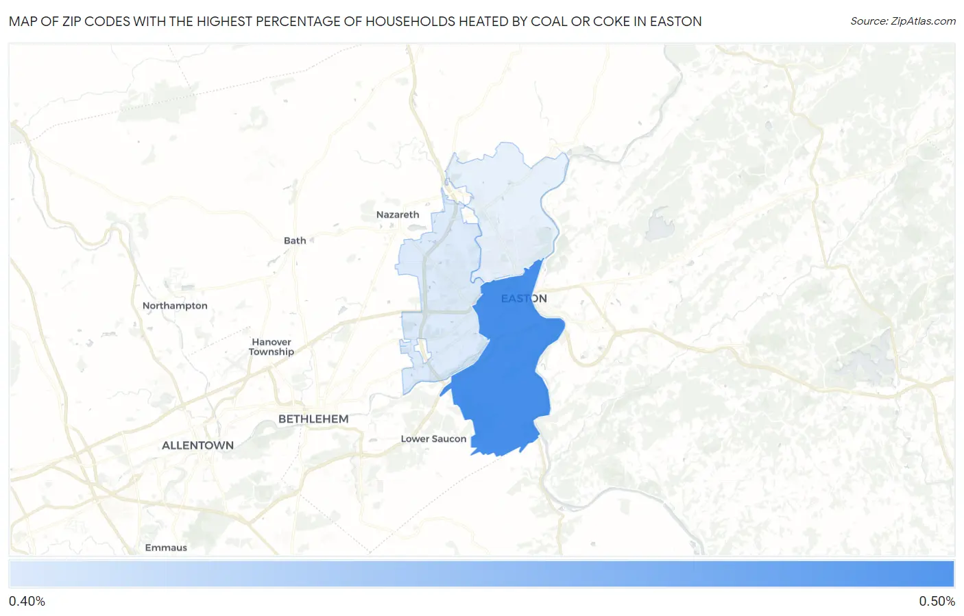 Zip Codes with the Highest Percentage of Households Heated by Coal or Coke in Easton Map