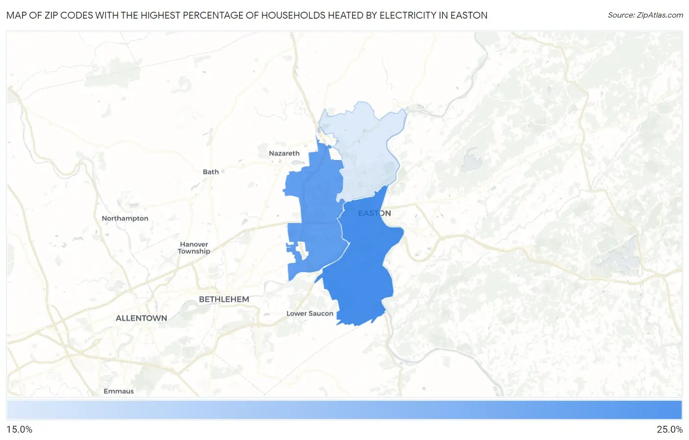 Zip Codes with the Highest Percentage of Households Heated by Electricity in Easton Map