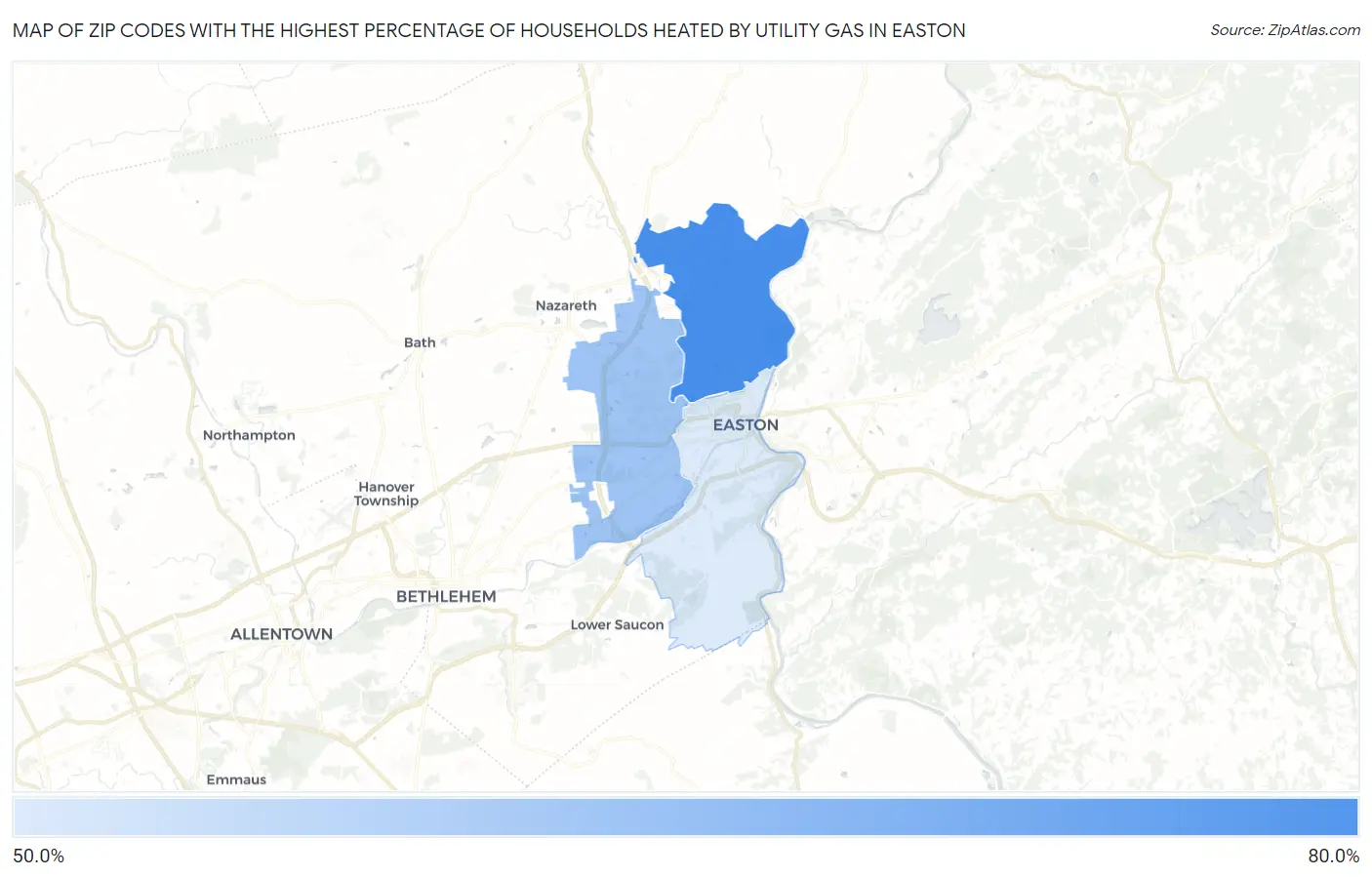 Zip Codes with the Highest Percentage of Households Heated by Utility Gas in Easton Map