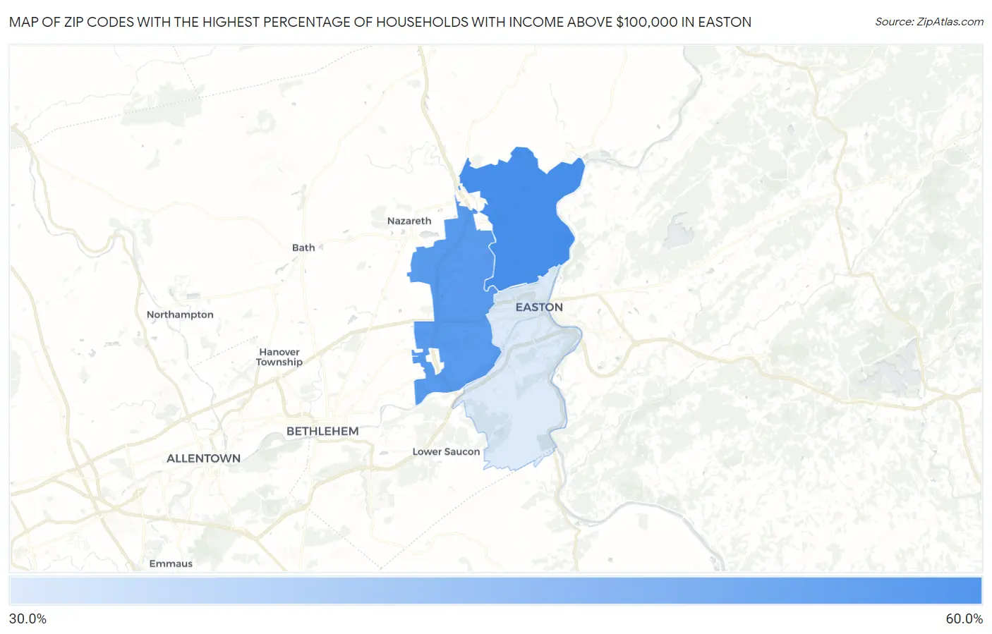 Zip Codes with the Highest Percentage of Households with Income Above $100,000 in Easton Map