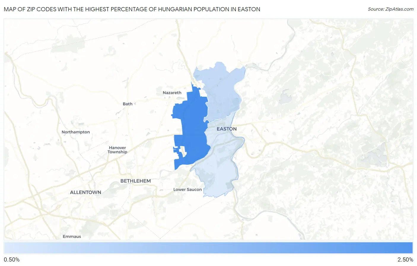 Zip Codes with the Highest Percentage of Hungarian Population in Easton Map