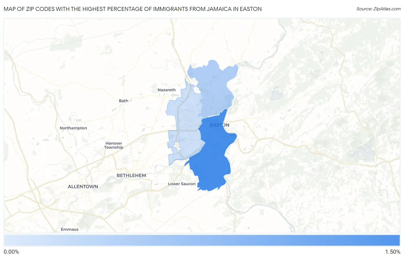 Zip Codes with the Highest Percentage of Immigrants from Jamaica in Easton Map