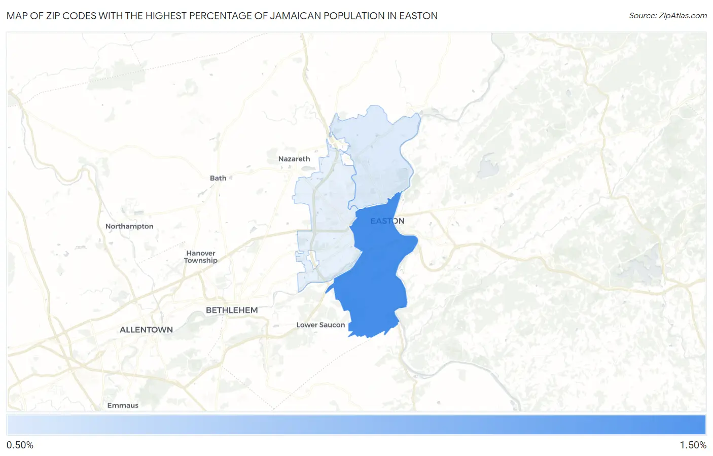 Zip Codes with the Highest Percentage of Jamaican Population in Easton Map