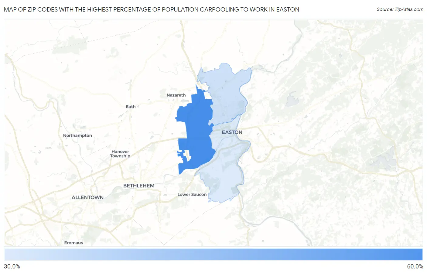 Zip Codes with the Highest Percentage of Population Carpooling to Work in Easton Map