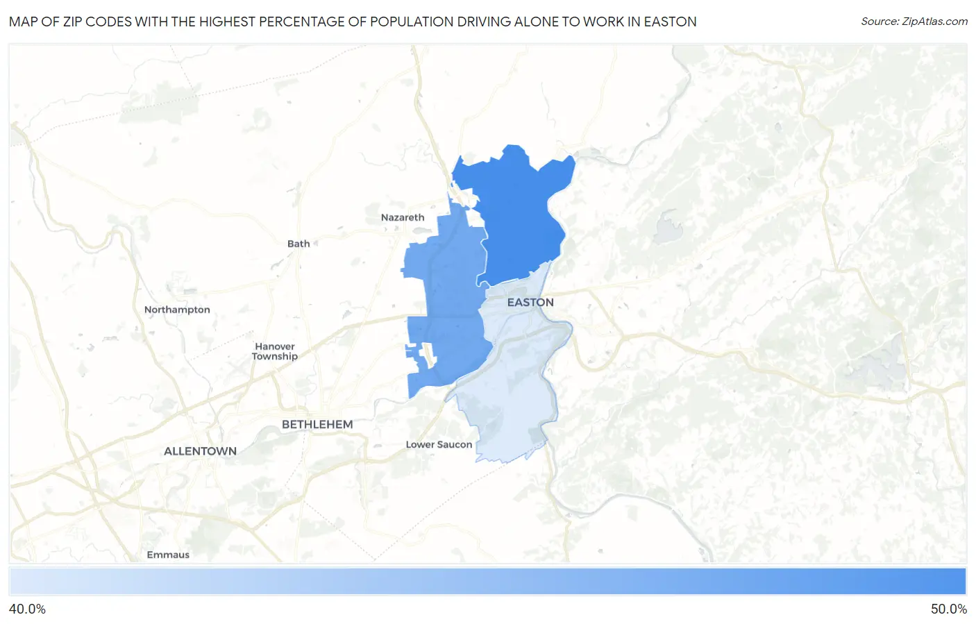 Zip Codes with the Highest Percentage of Population Driving Alone to Work in Easton Map