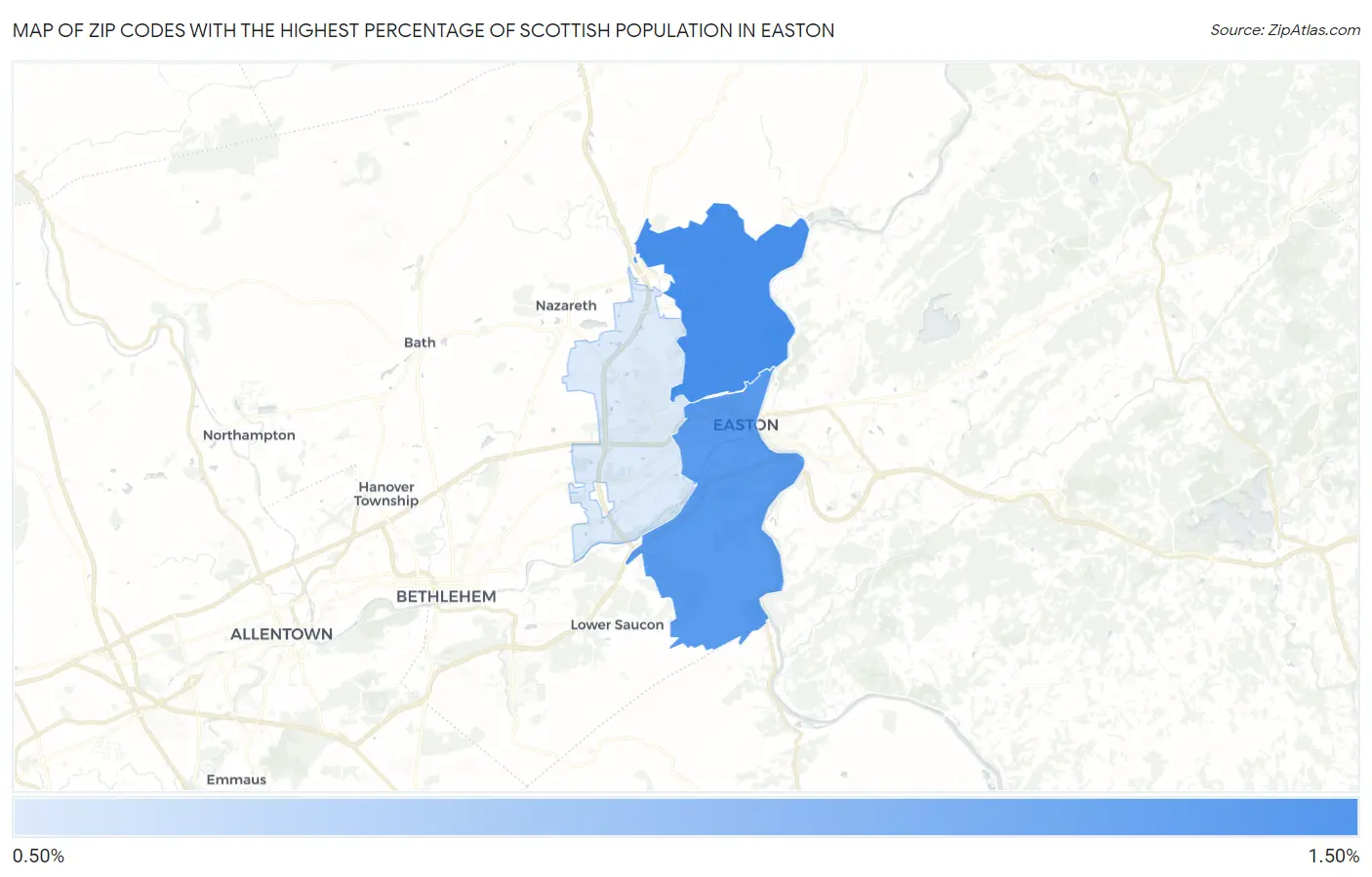 Zip Codes with the Highest Percentage of Scottish Population in Easton Map
