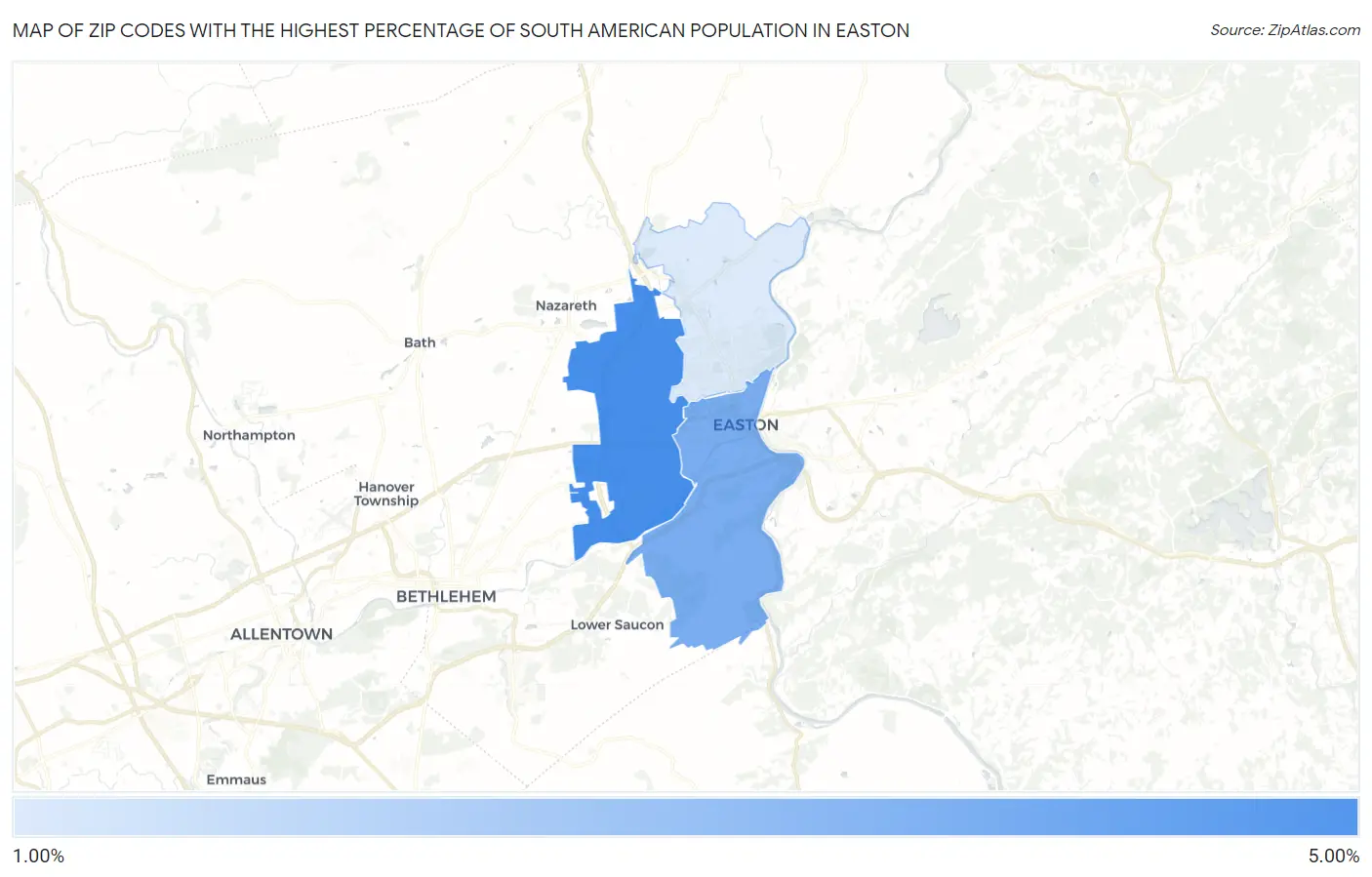 Zip Codes with the Highest Percentage of South American Population in Easton Map