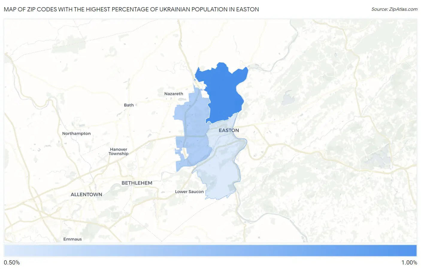 Zip Codes with the Highest Percentage of Ukrainian Population in Easton Map