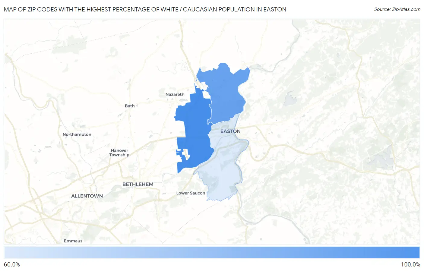 Zip Codes with the Highest Percentage of White / Caucasian Population in Easton Map