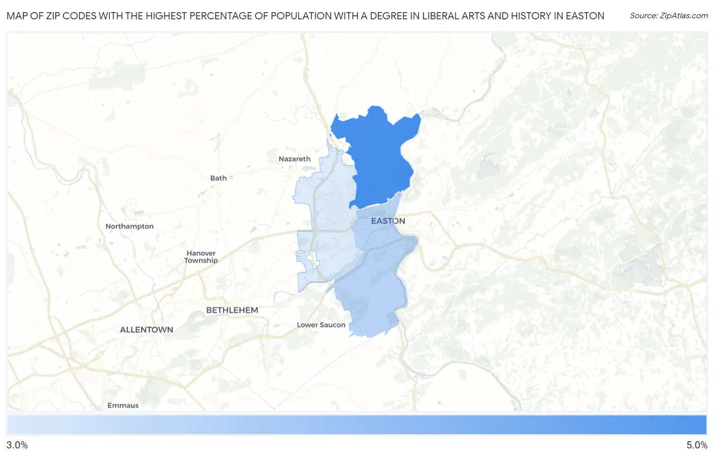 Zip Codes with the Highest Percentage of Population with a Degree in Liberal Arts and History in Easton Map