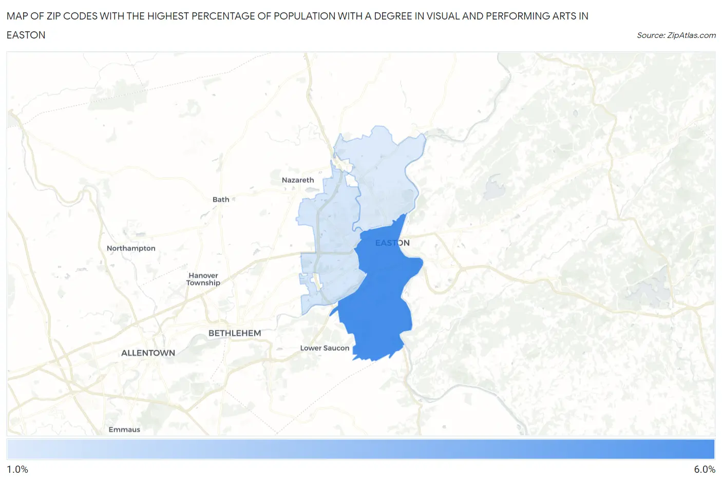 Zip Codes with the Highest Percentage of Population with a Degree in Visual and Performing Arts in Easton Map