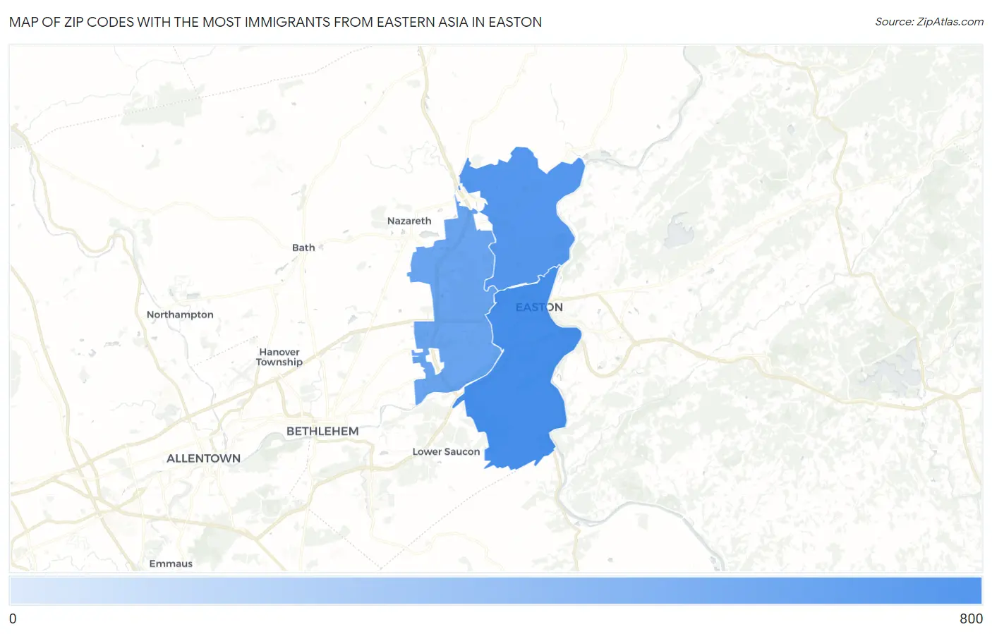 Zip Codes with the Most Immigrants from Eastern Asia in Easton Map