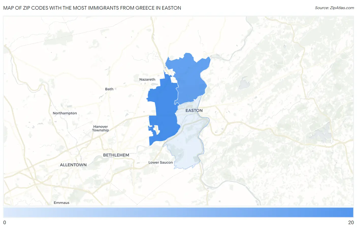 Zip Codes with the Most Immigrants from Greece in Easton Map