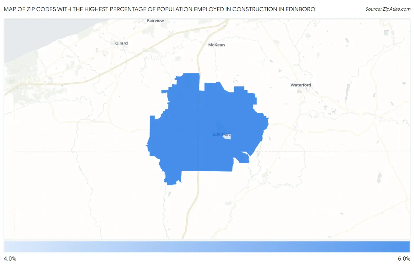 Zip Codes with the Highest Percentage of Population Employed in Construction in Edinboro Map