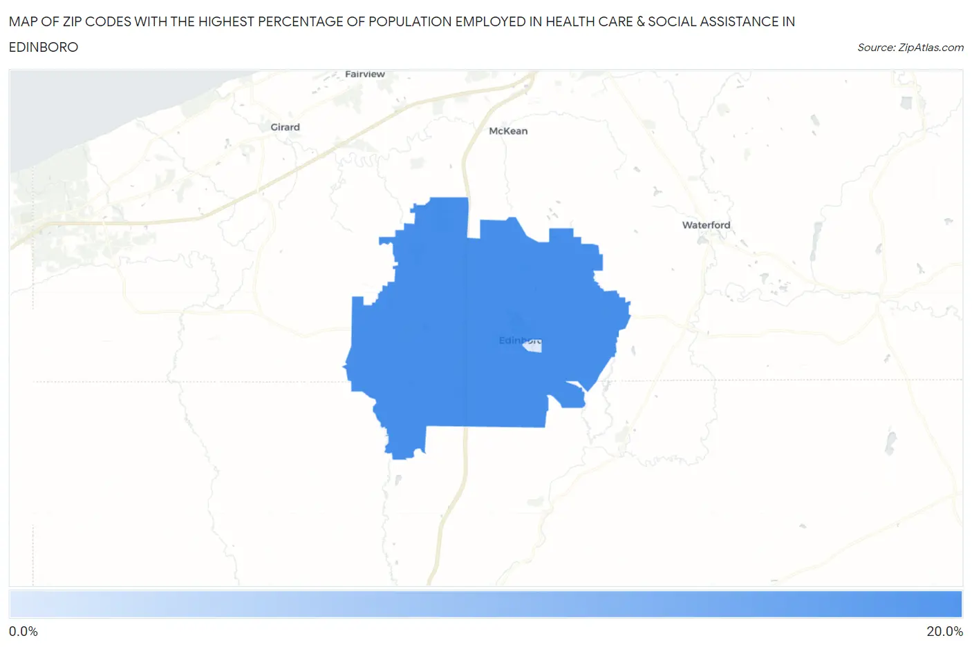 Zip Codes with the Highest Percentage of Population Employed in Health Care & Social Assistance in Edinboro Map