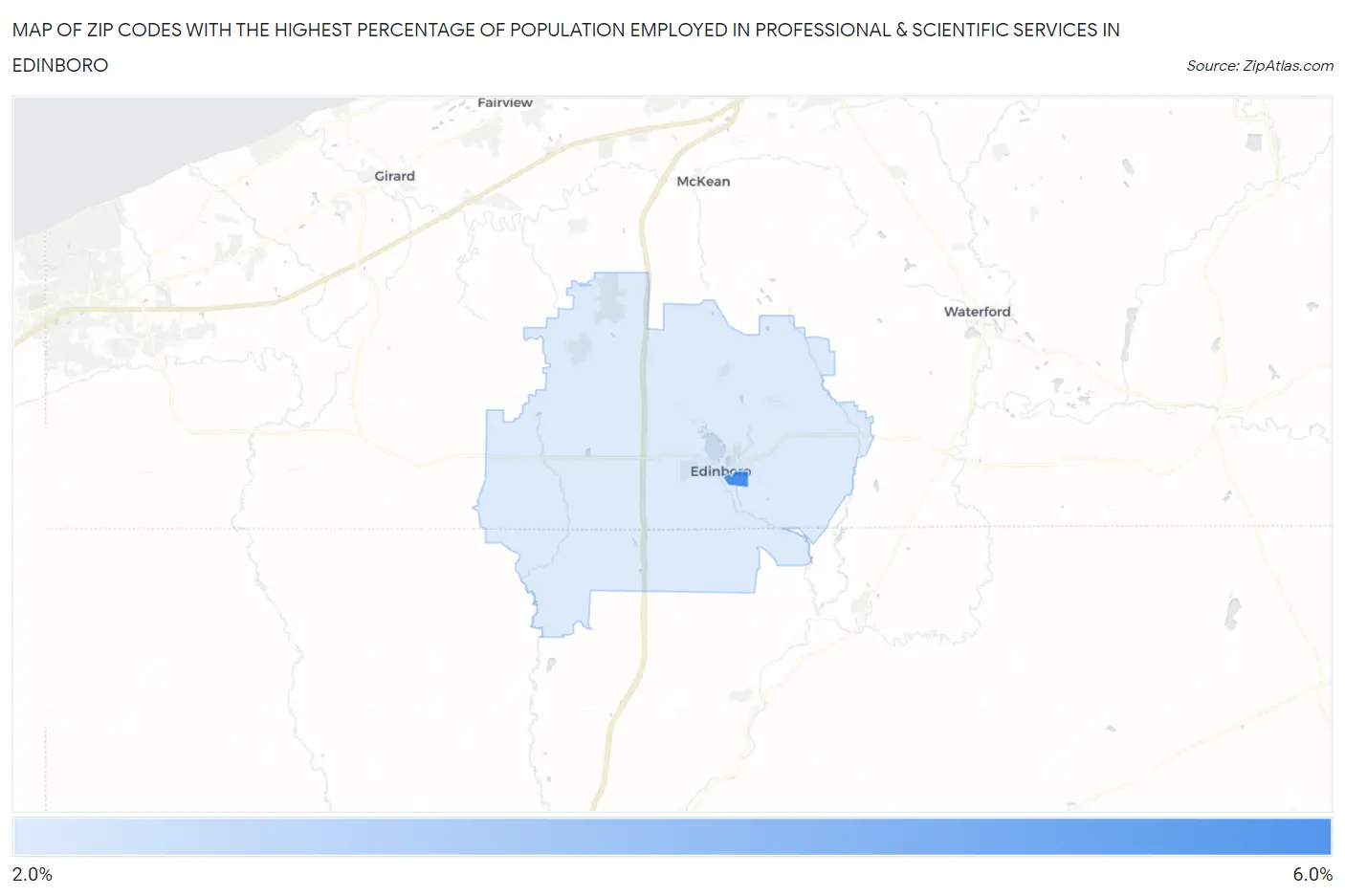 Zip Codes with the Highest Percentage of Population Employed in Professional & Scientific Services in Edinboro Map