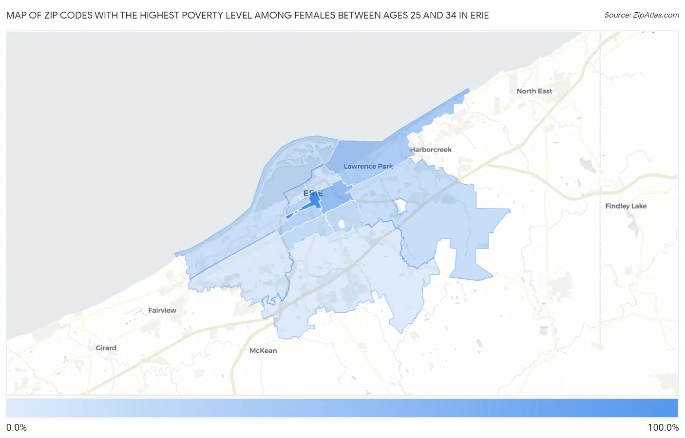 Zip Codes with the Highest Poverty Level Among Females Between Ages 25 and 34 in Erie Map