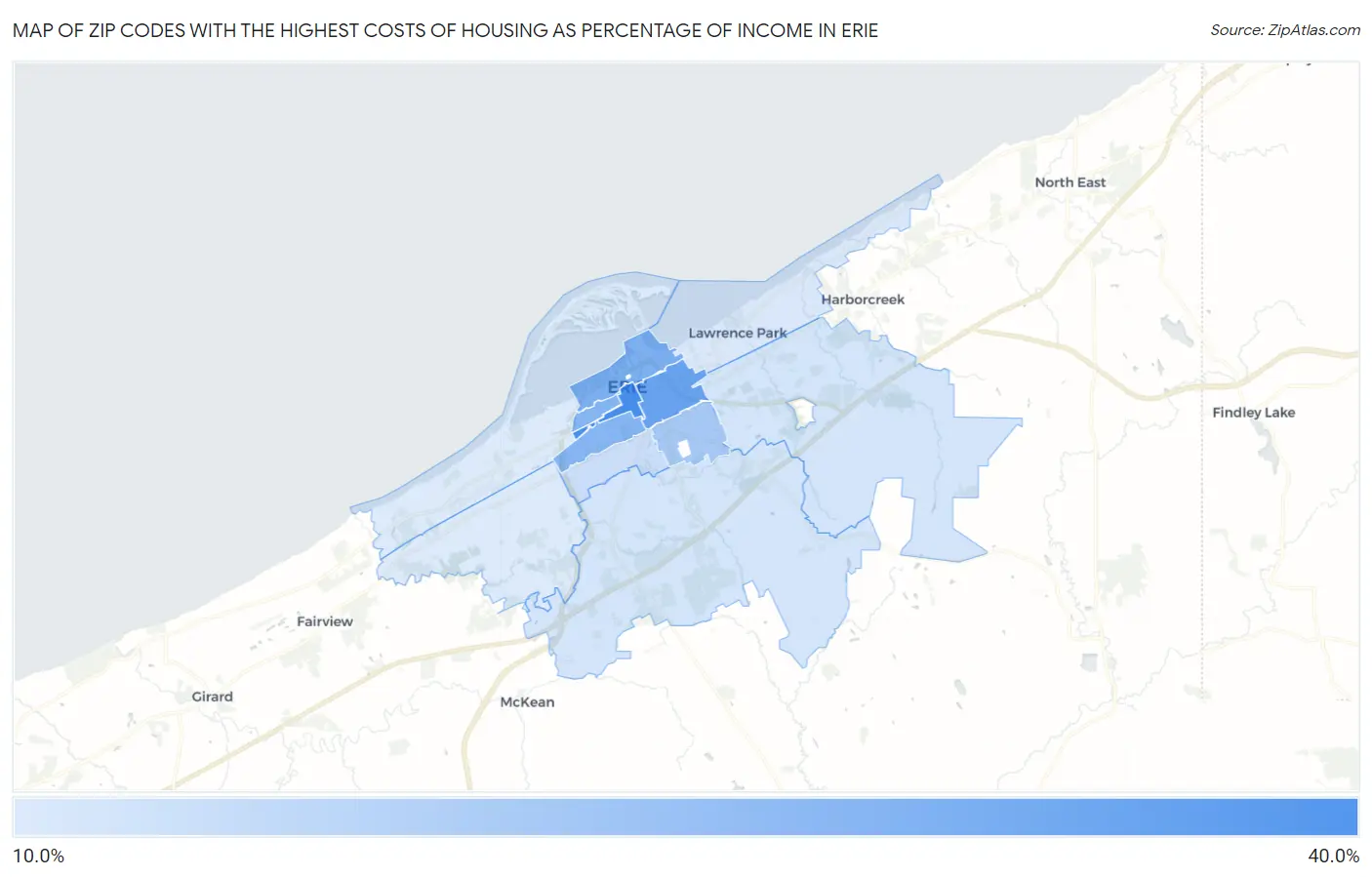 Zip Codes with the Highest Costs of Housing as Percentage of Income in Erie Map