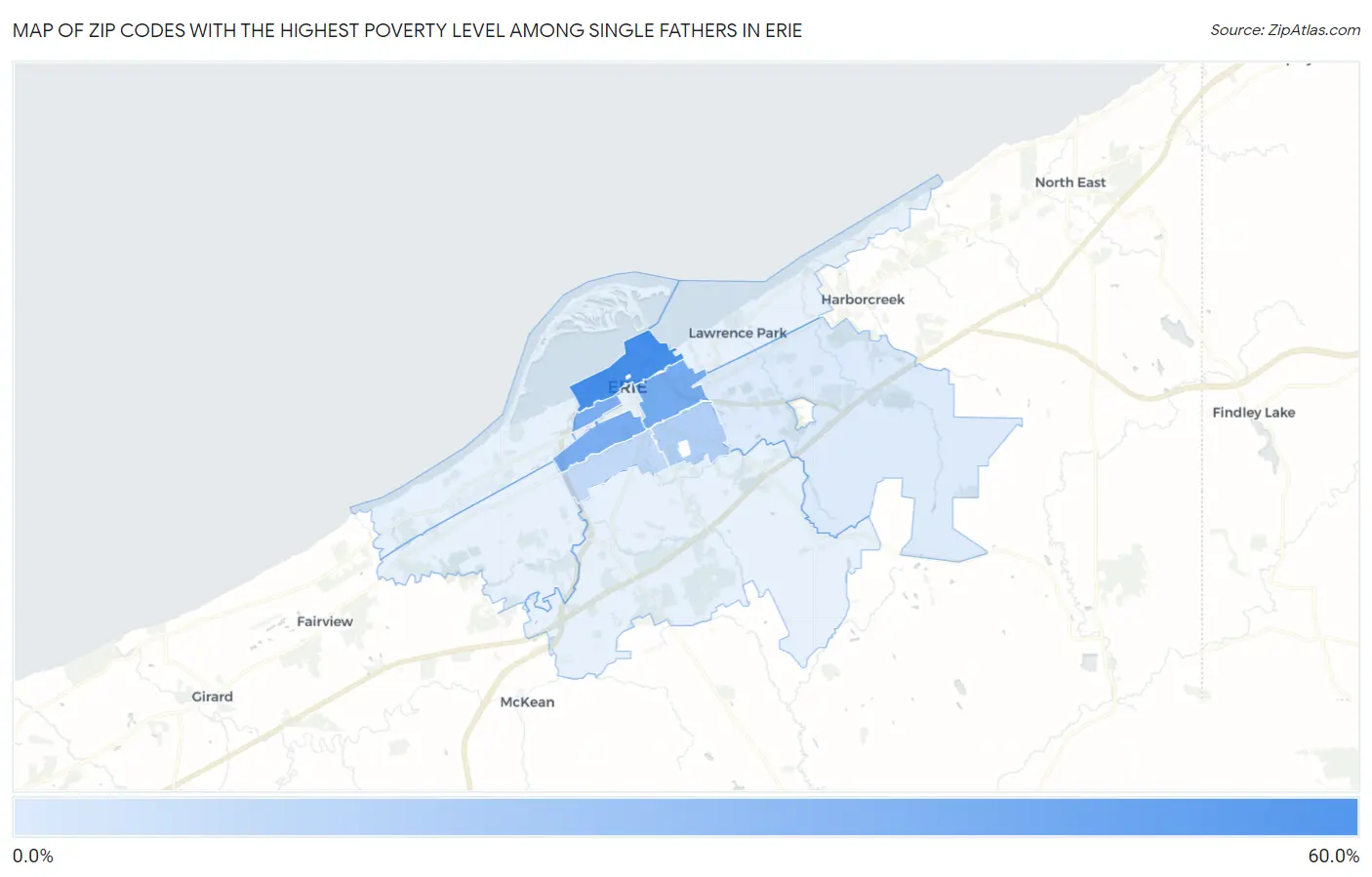 Zip Codes with the Highest Poverty Level Among Single Fathers in Erie Map