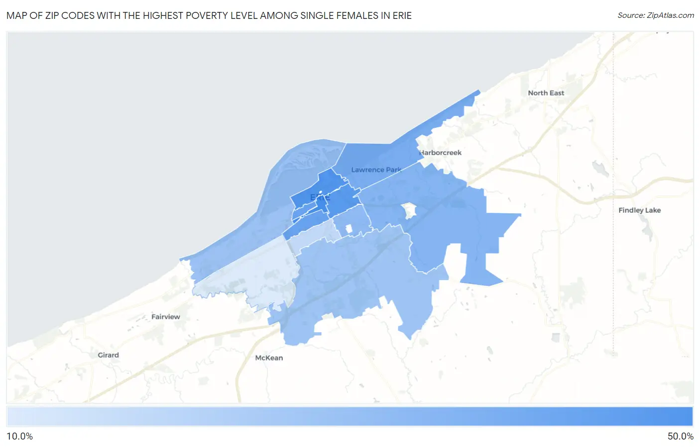 Zip Codes with the Highest Poverty Level Among Single Females in Erie Map