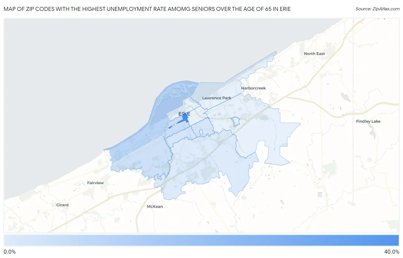 Zip Codes with the Highest Unemployment Rate Amomg Seniors Over the Age of 65 in Erie Map