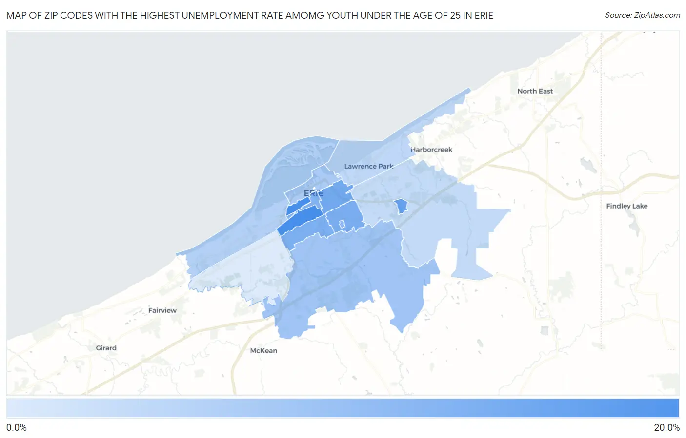 Zip Codes with the Highest Unemployment Rate Amomg Youth Under the Age of 25 in Erie Map