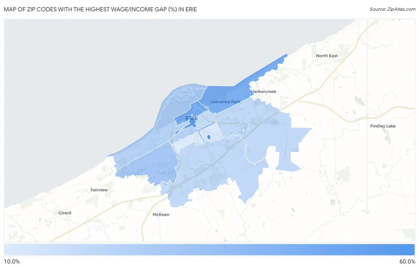 Zip Codes with the Highest Wage/Income Gap (%) in Erie Map