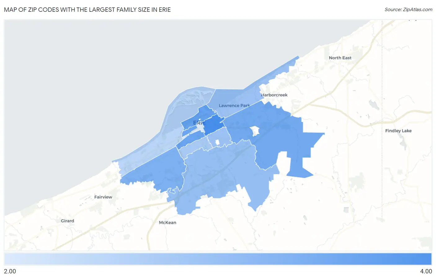 Zip Codes with the Largest Family Size in Erie Map