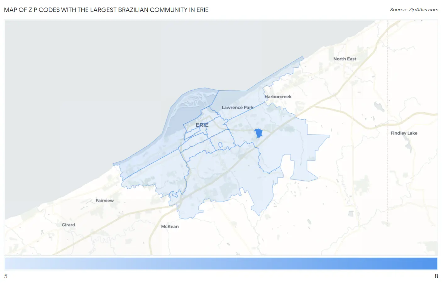 Zip Codes with the Largest Brazilian Community in Erie Map
