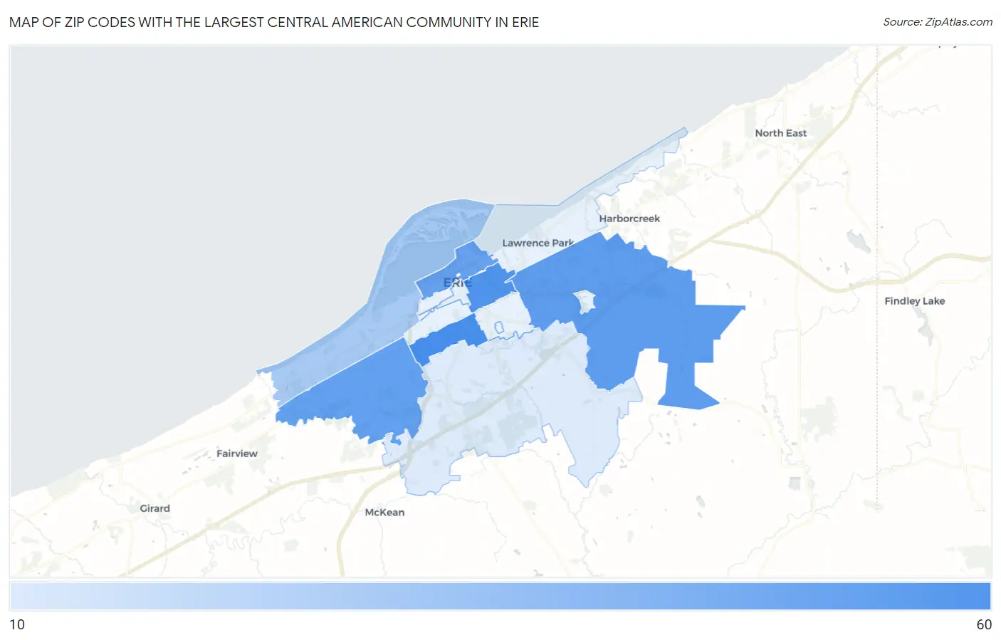 Zip Codes with the Largest Central American Community in Erie Map