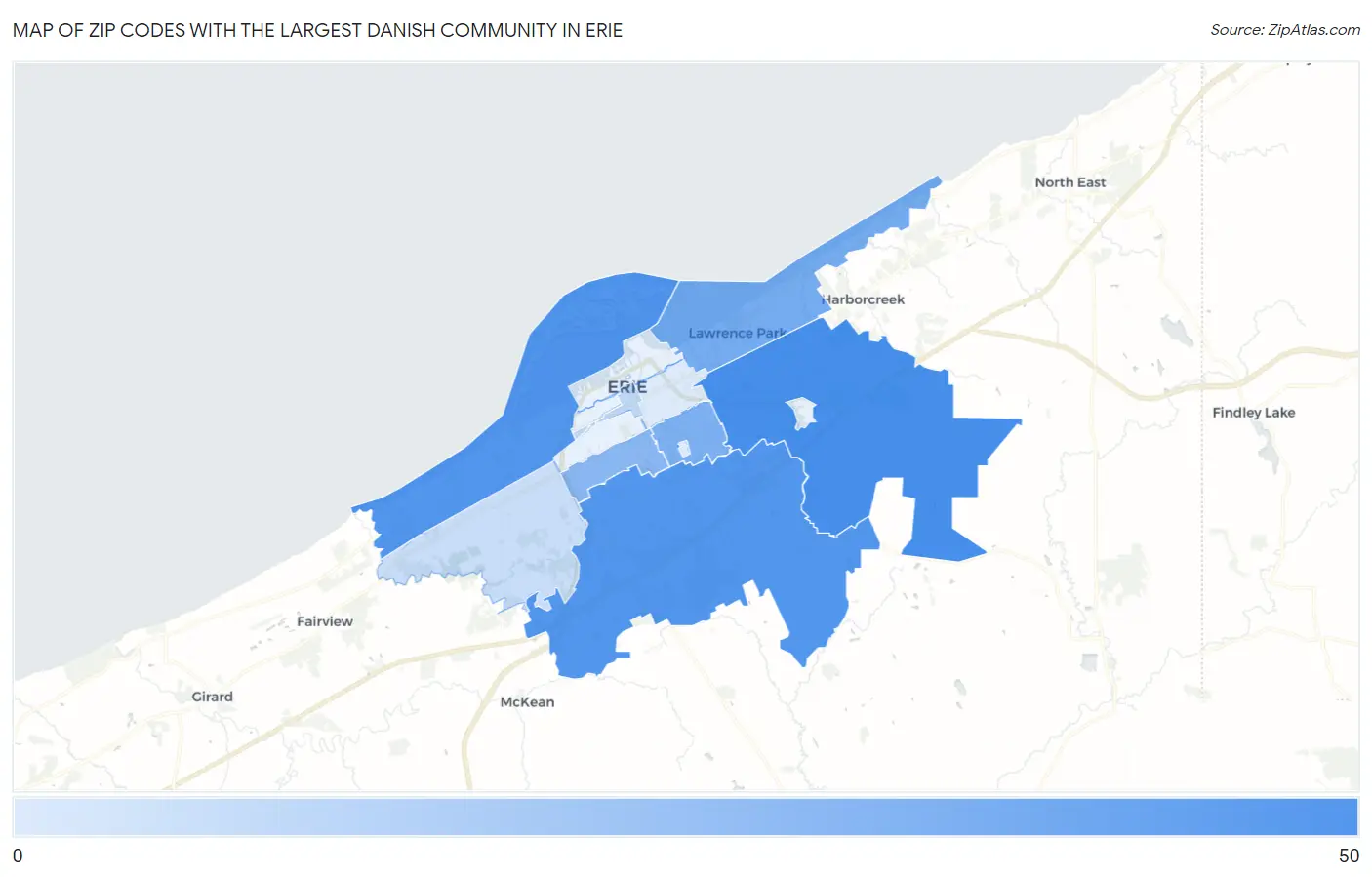 Zip Codes with the Largest Danish Community in Erie Map