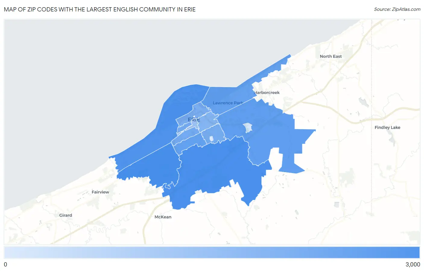 Zip Codes with the Largest English Community in Erie Map