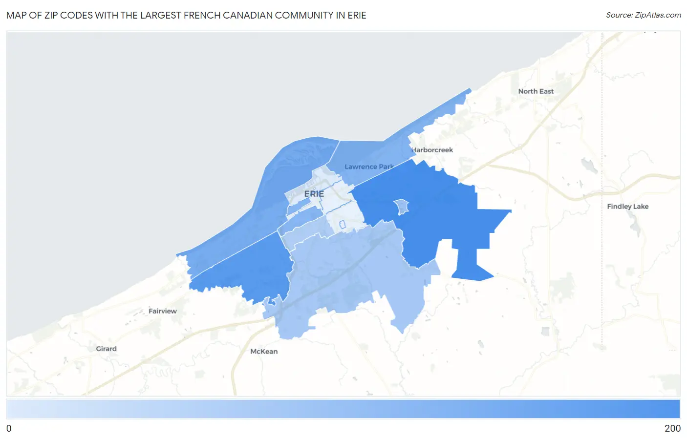 Zip Codes with the Largest French Canadian Community in Erie Map