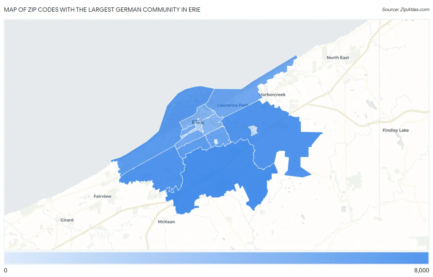 Zip Codes with the Largest German Community in Erie Map
