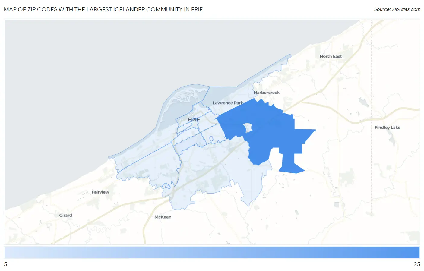 Zip Codes with the Largest Icelander Community in Erie Map