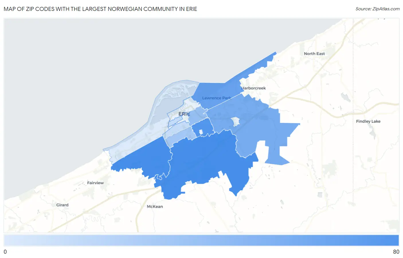 Zip Codes with the Largest Norwegian Community in Erie Map