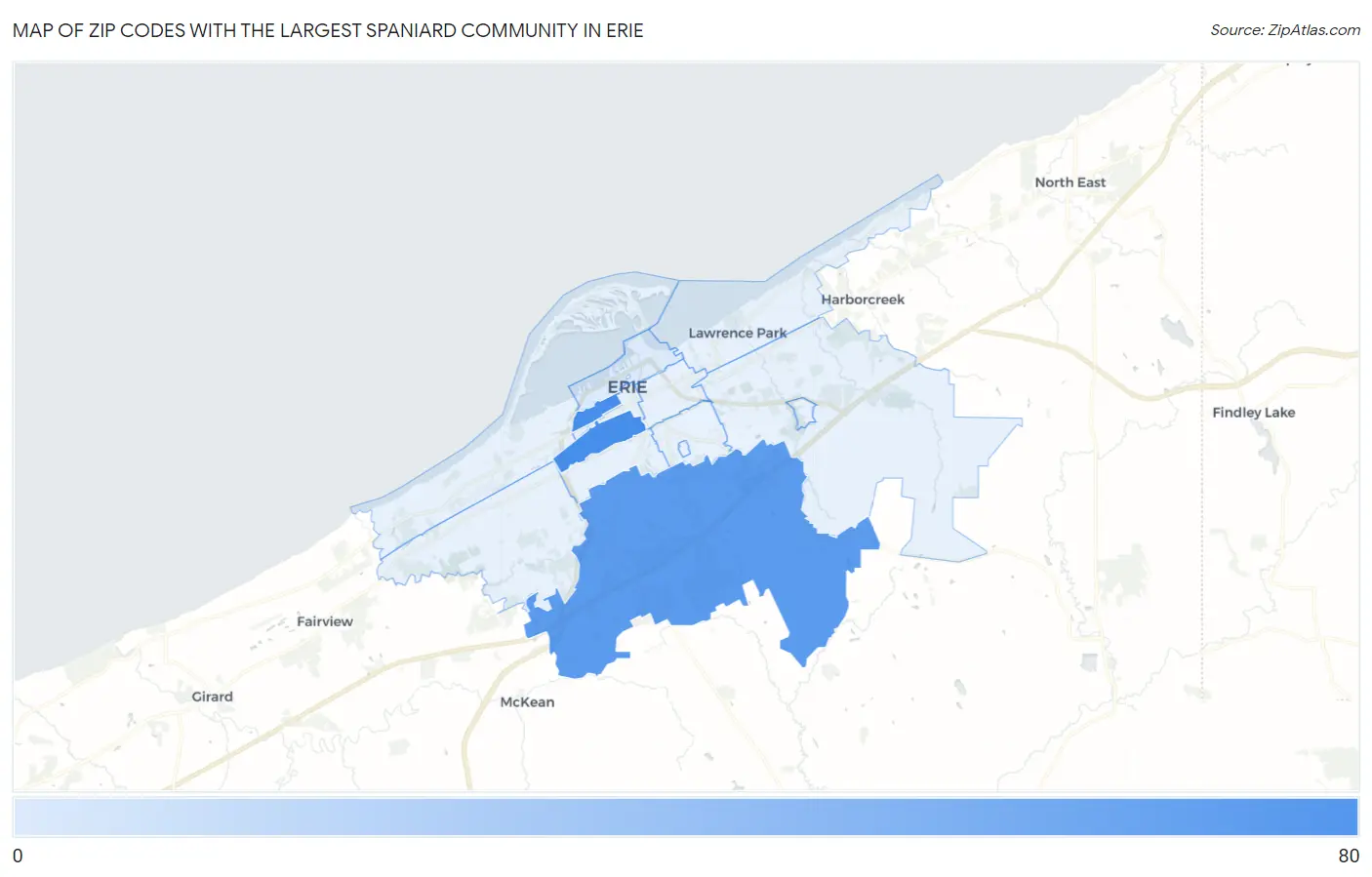 Zip Codes with the Largest Spaniard Community in Erie Map