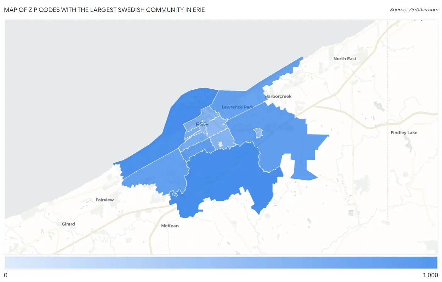 Zip Codes with the Largest Swedish Community in Erie Map