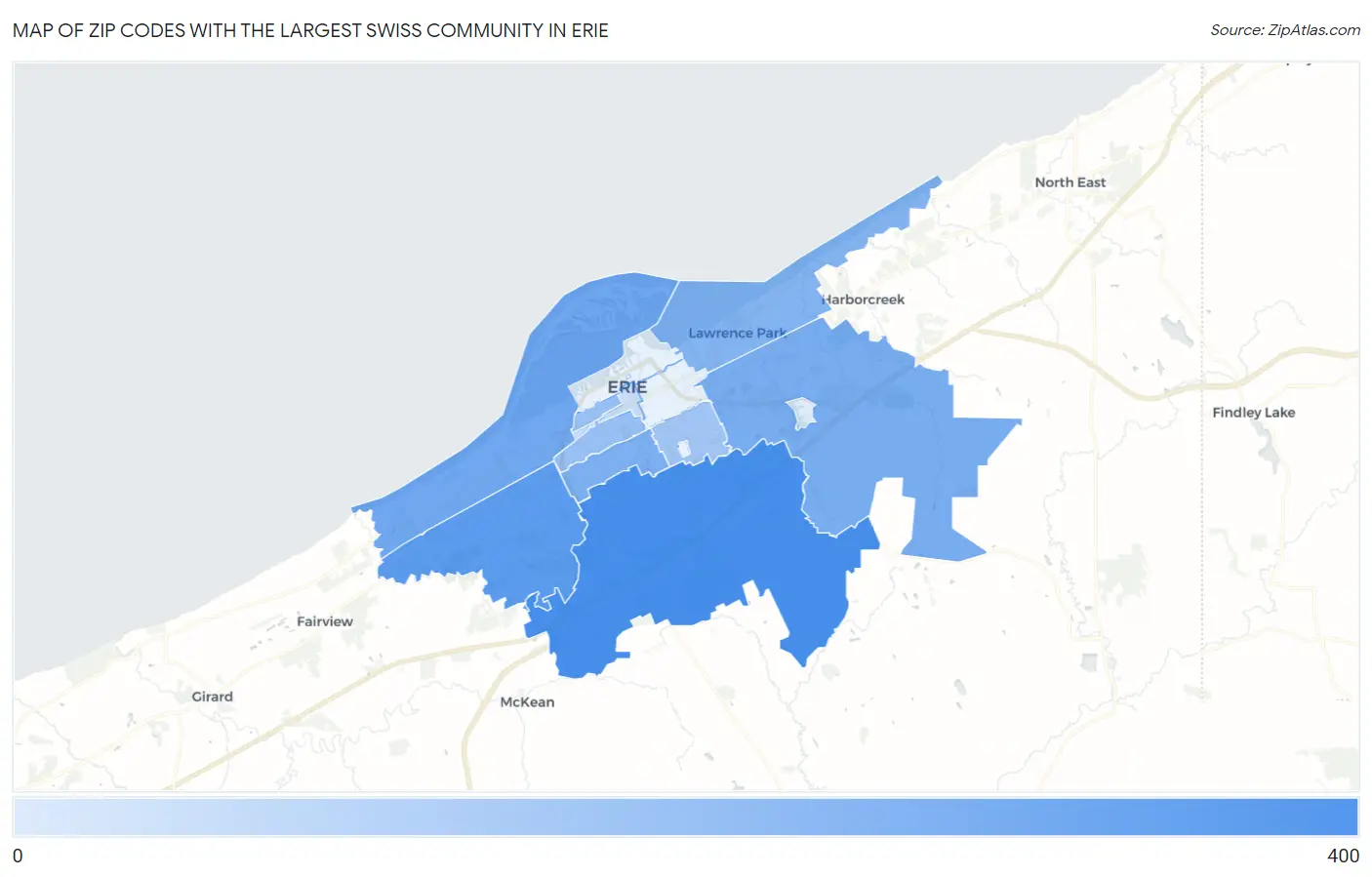 Zip Codes with the Largest Swiss Community in Erie Map